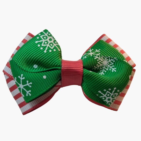 Christmas Snowflake Hair Bow Clip  Girls Green Red Striped Ribbon - Picture 1 of 3